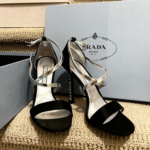 Prada Black Silver Satin Leather Diamond Jeweled CrissCross Ankle Strap Sandals - Picture 2 of 12